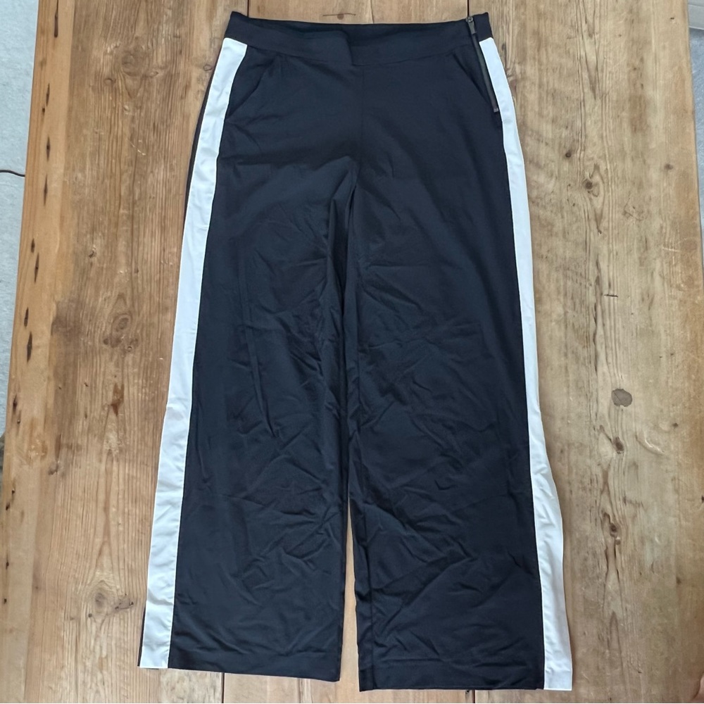 Athleta Luxe Gramercy Black & Ivory Striped Snap Leg Track Pants Womens Size 12